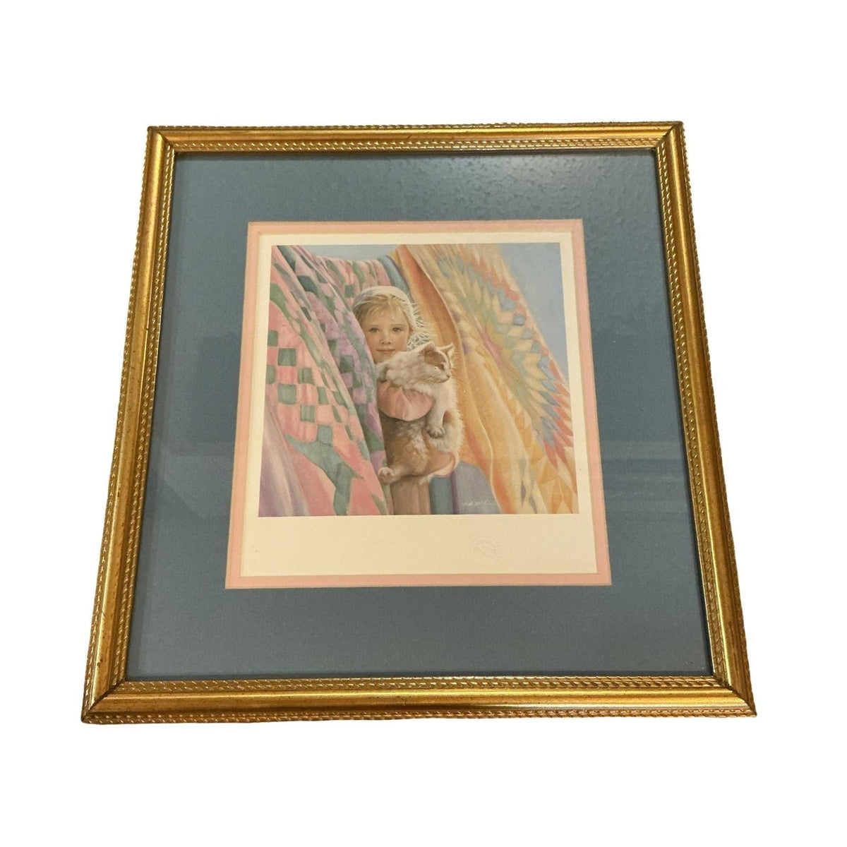 Nancy Noel Vintage Framed Art Print Girl with Cat and Quilts Gold Ornate Frame