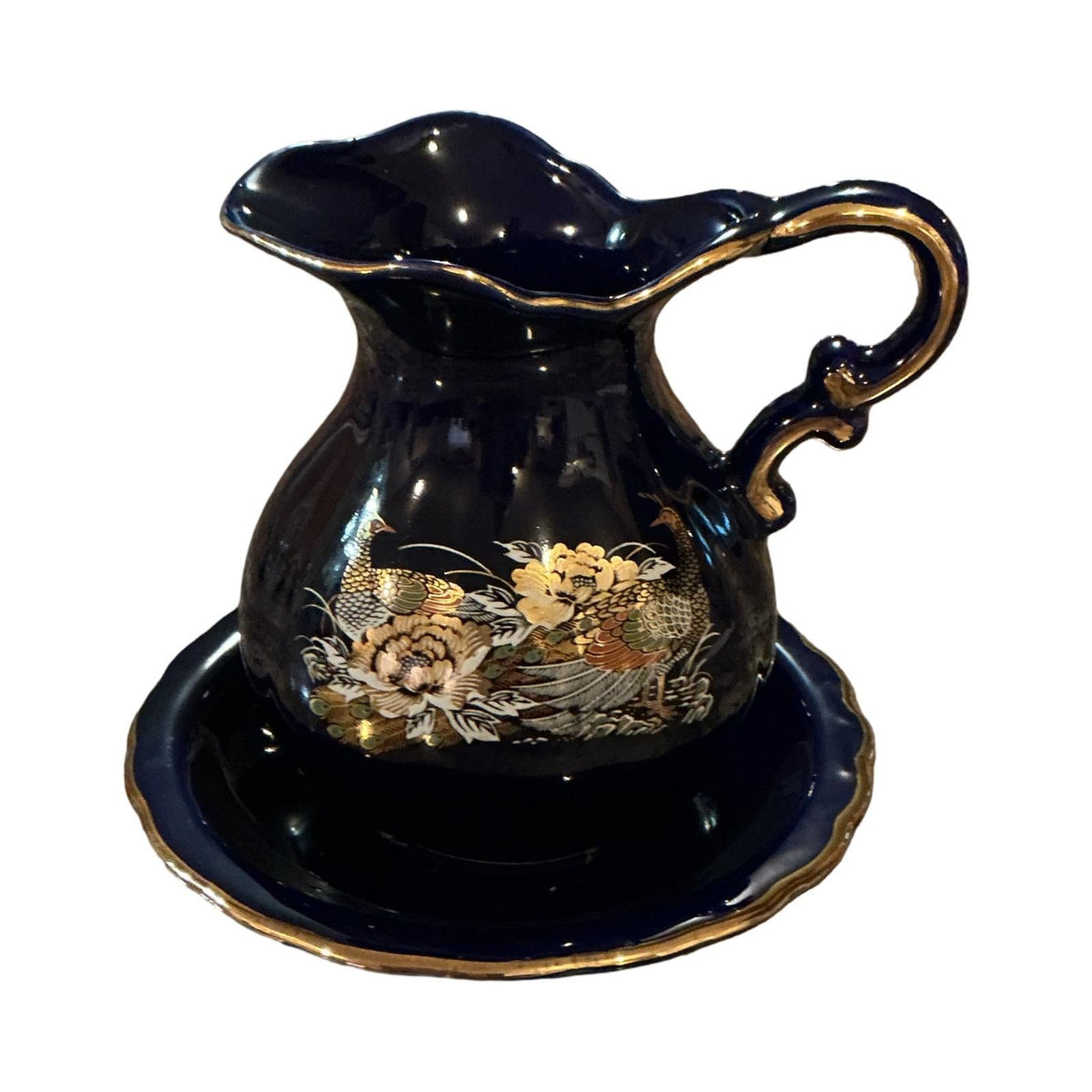 Vintage Cobalt Blue Peacock Pitcher and Saucer Set Gold Trim Chinoiserie Floral