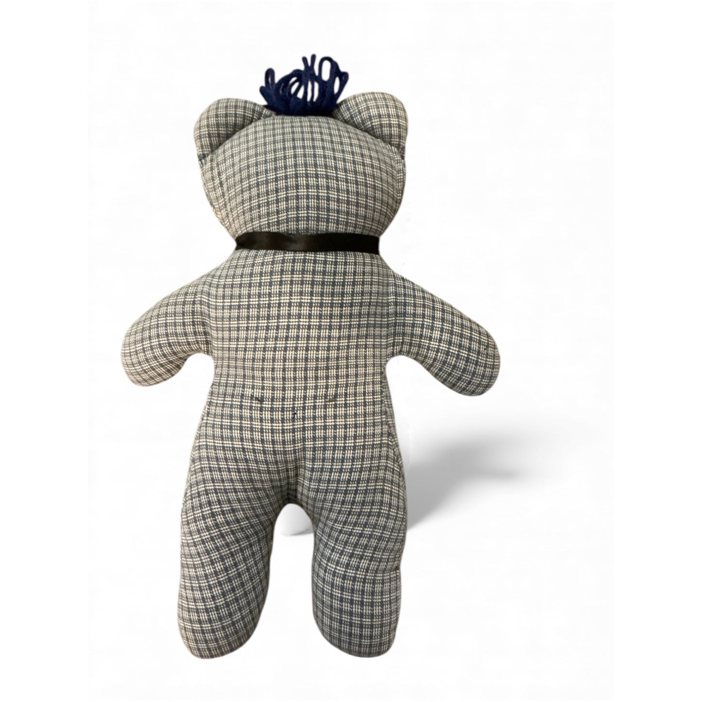 Vintage Handmade Plaid Fabric Teddy Bear 16" With Navy Bow & Red Features