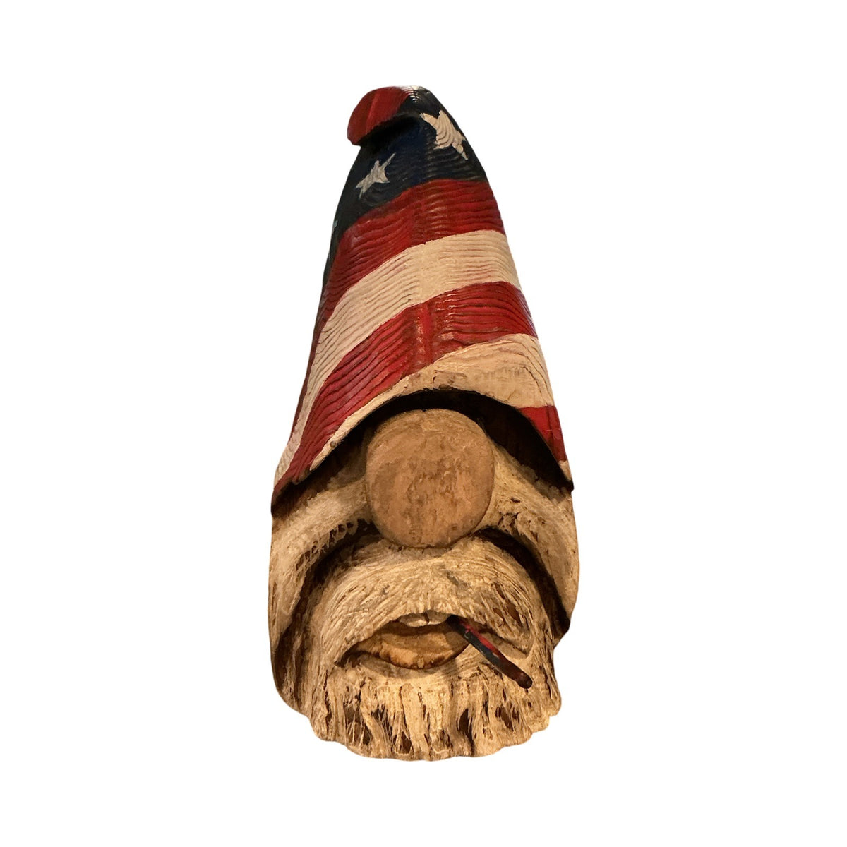 Hand-Carved Patriotic Wooden Gnome Sculpture With American Flag Hat - Rustic Home Decor - 14" Tall