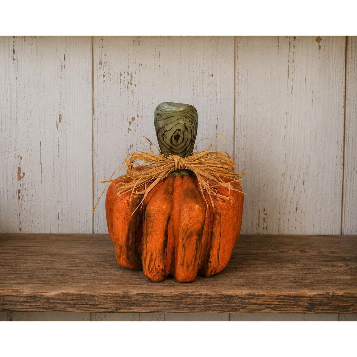 Handmade Rustic Carved Wood Pumpkin Fall Decor Orange 7.5" Figurine