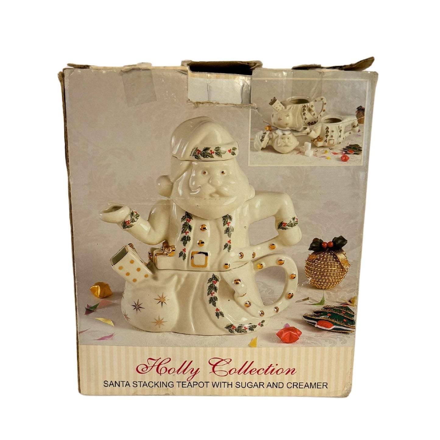 Vintage Madison & Max Holly Collection Santa Stacking Teapot with Sugar Cream
