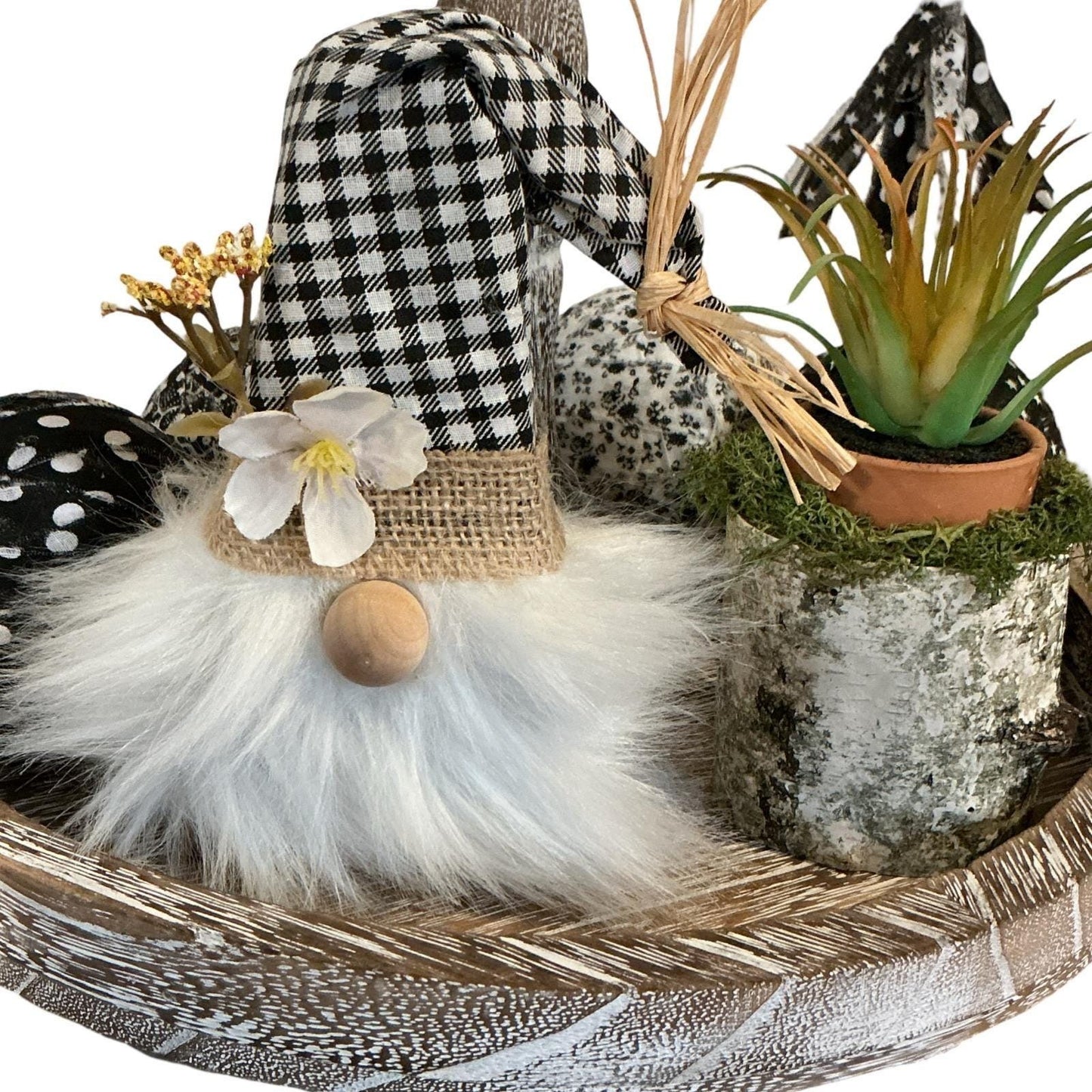 Handmade Farmhouse Gnome Buffalo Plaid Black White Burlap Floral Decor