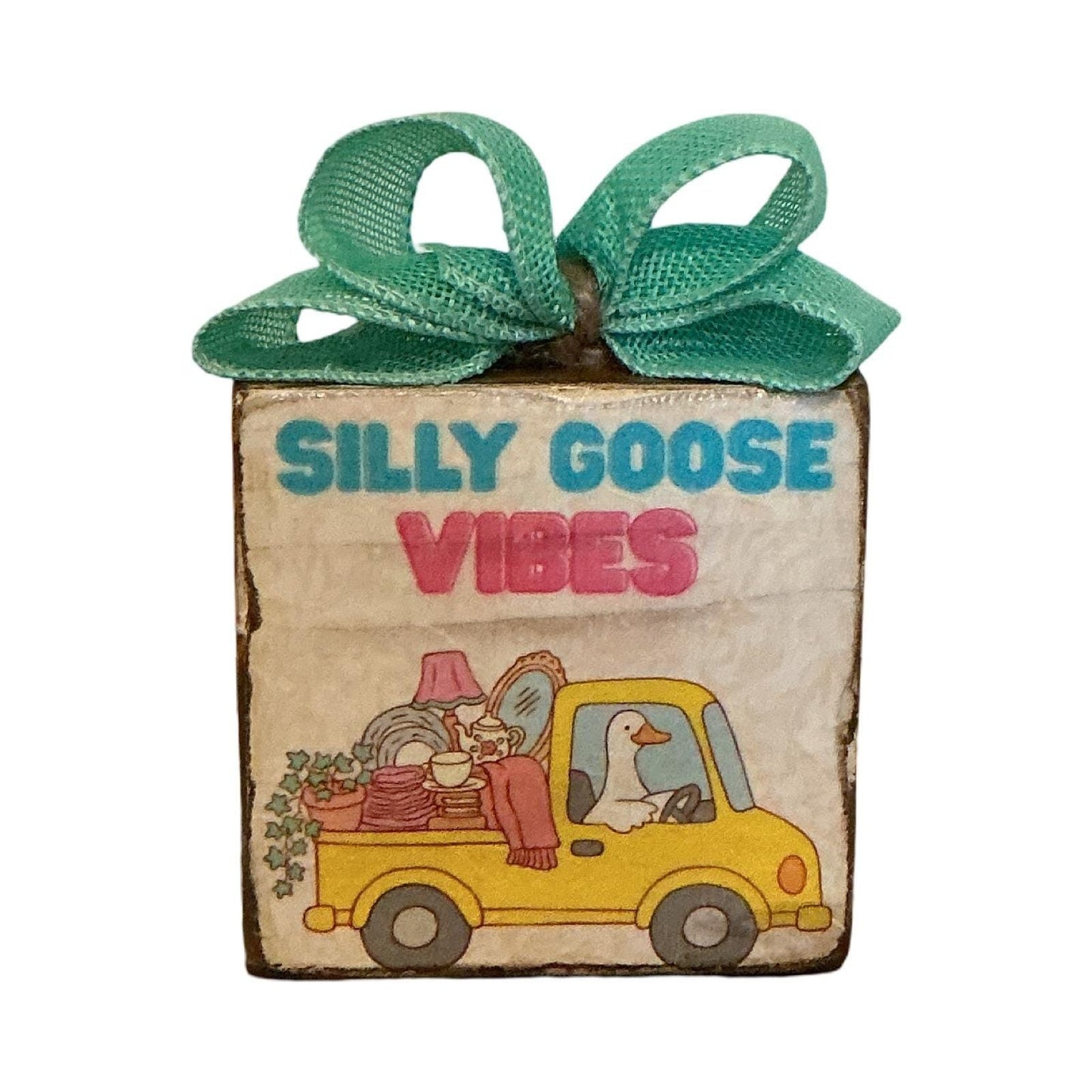 Silly Goose Vibes Rustic Wood Block Sign Distressed Farmhouse Decor Teal Bow