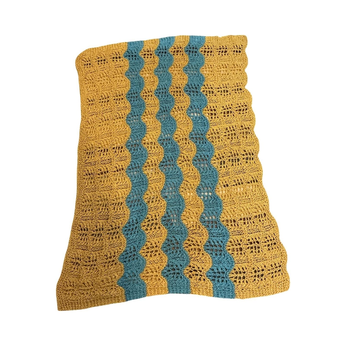 Handmade Vintage Crochet Ripple Afghan Throw Blanket Mustard Yellow Teal 54x40