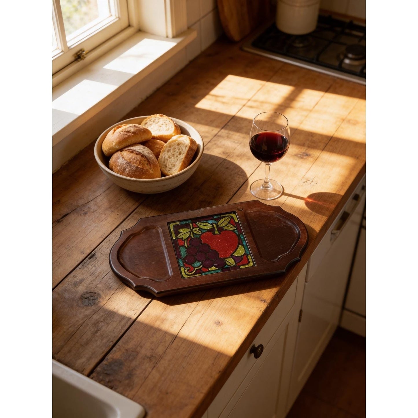 Vintage Price Import Japan Wood Cheese Board Stained Glass Tile Apple Grape 16in