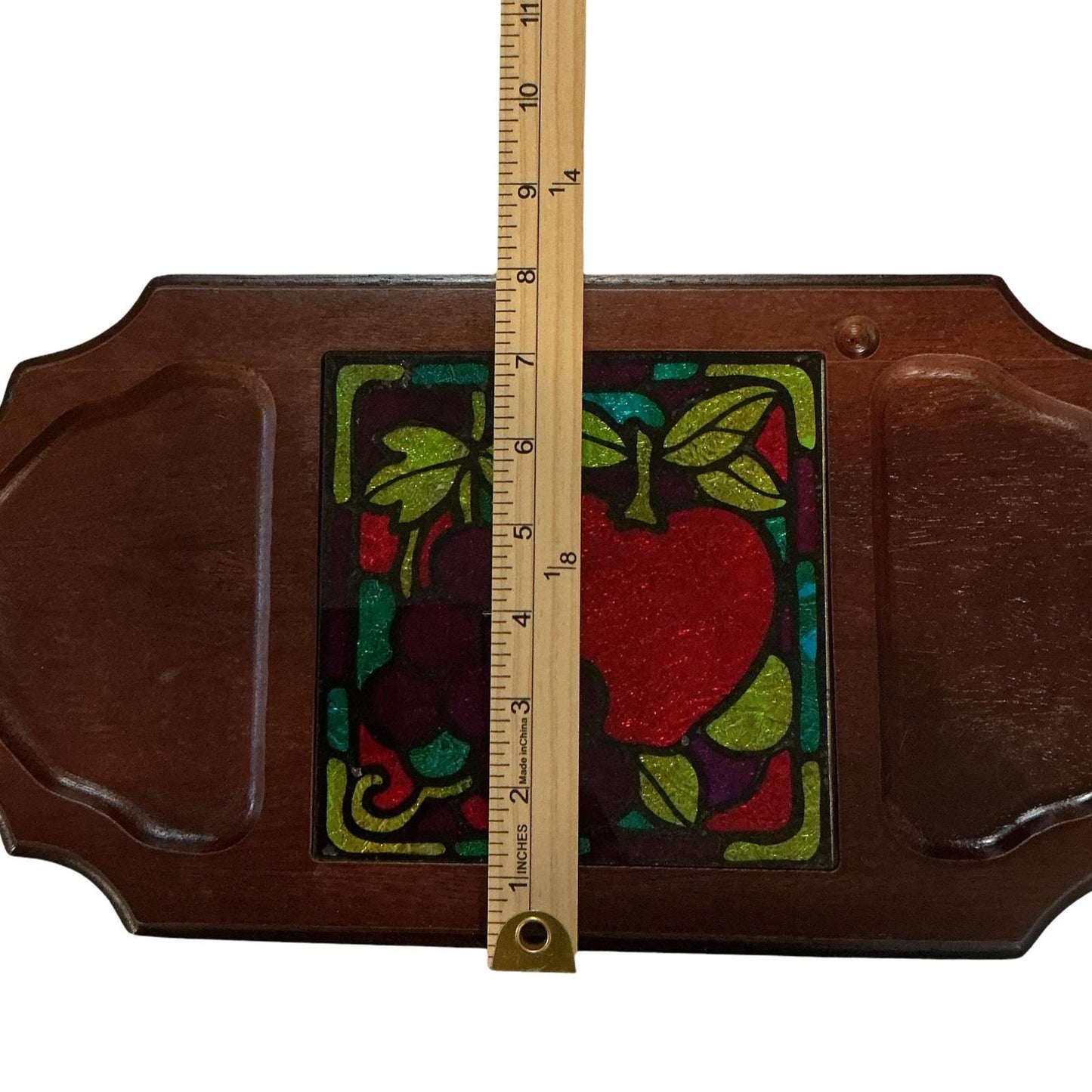 Vintage Price Import Japan Wood Cheese Board Stained Glass Tile Apple Grape 16in