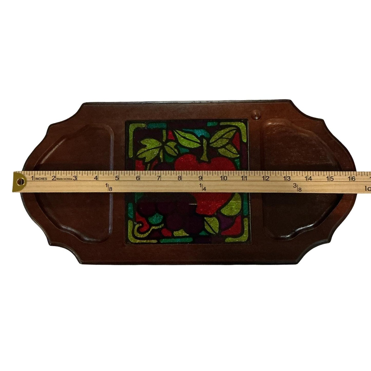 Vintage Price Import Japan Wood Cheese Board Stained Glass Tile Apple Grape 16in
