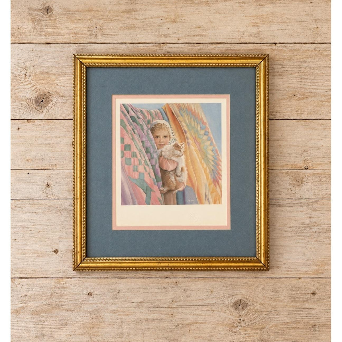 Nancy Noel Vintage Framed Art Print Girl with Cat and Quilts Gold Ornate Frame