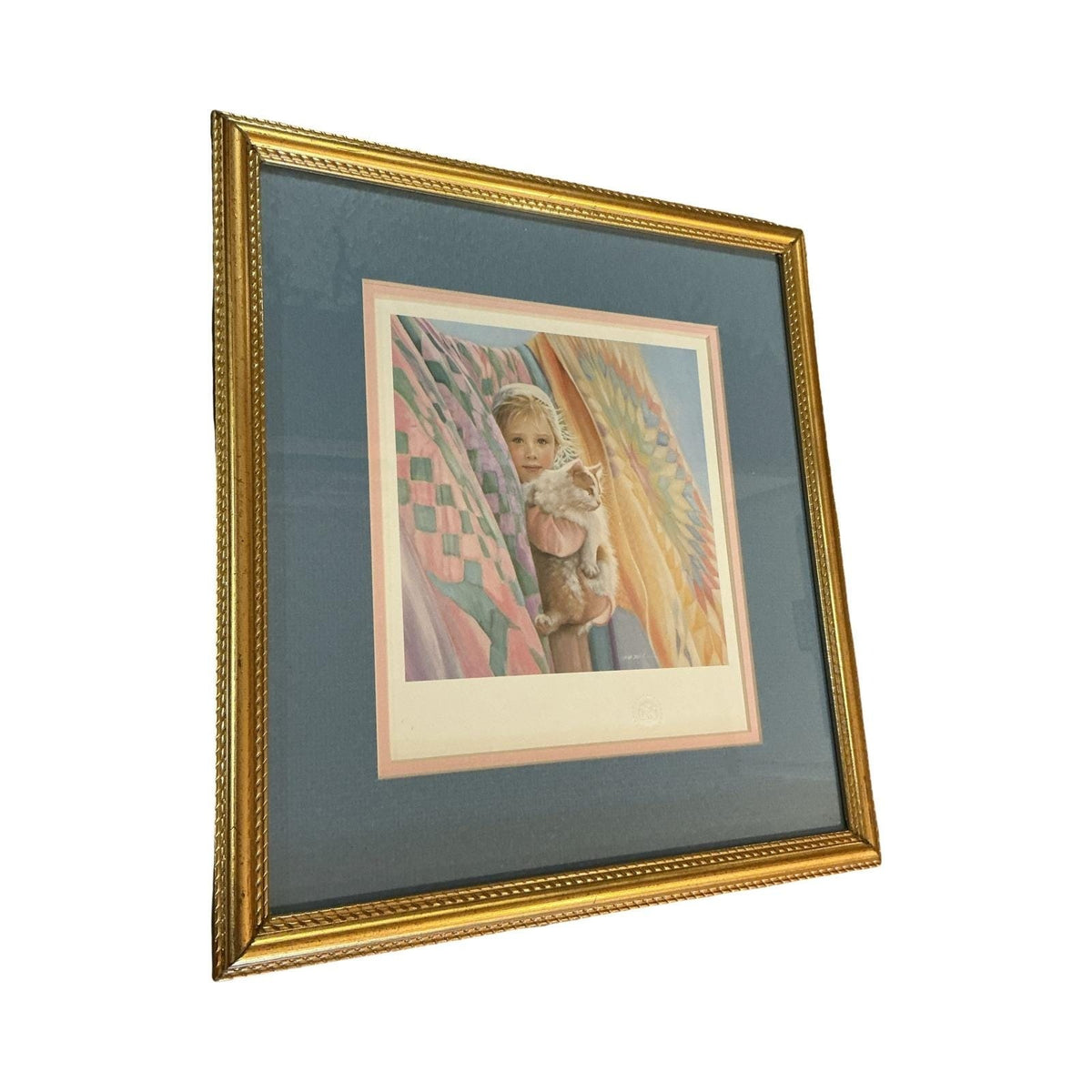 Nancy Noel Vintage Framed Art Print Girl with Cat and Quilts Gold Ornate Frame