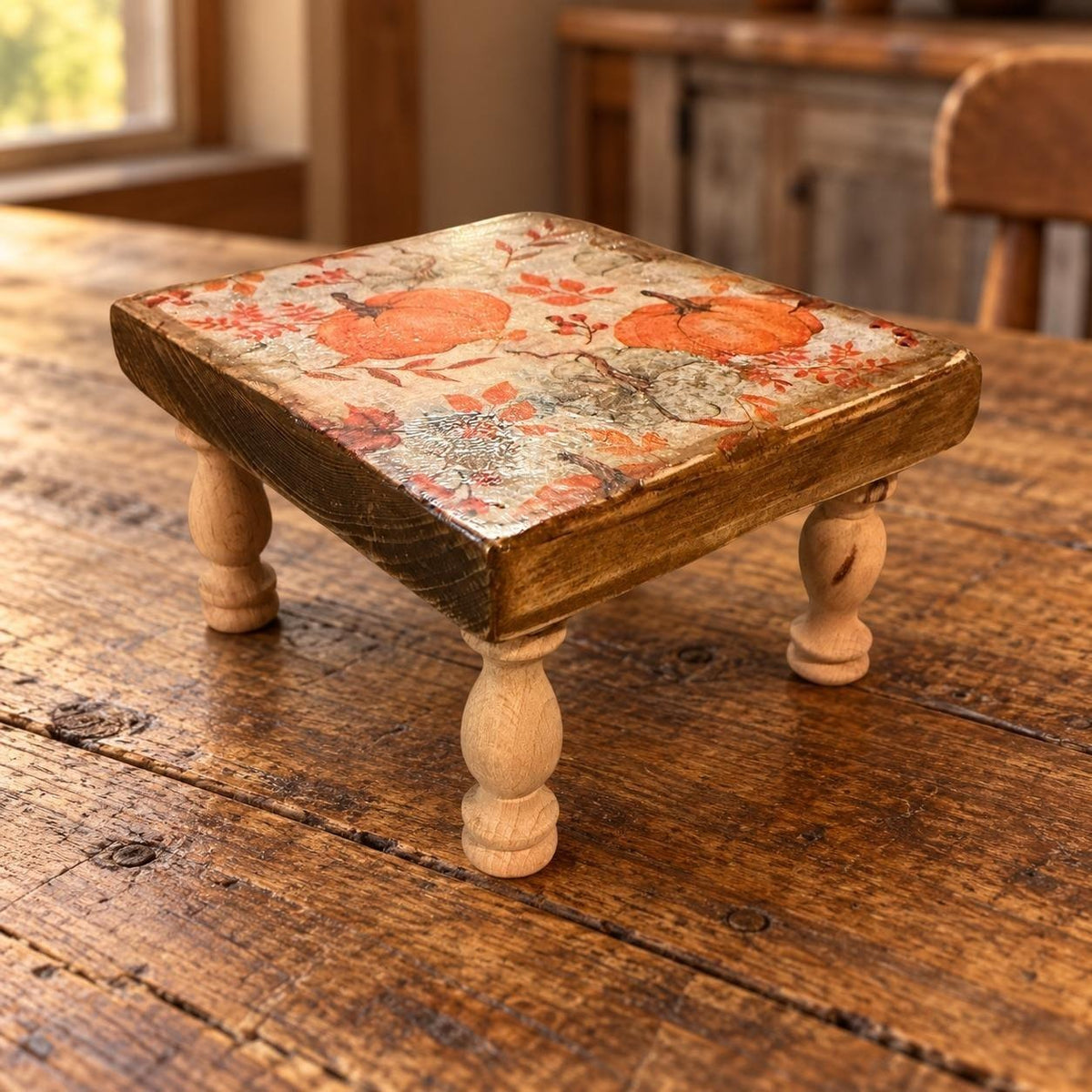 Handmade Fall Pumpkin Wood Pedestal Riser Rustic Autumn Farmhouse Decor Stand