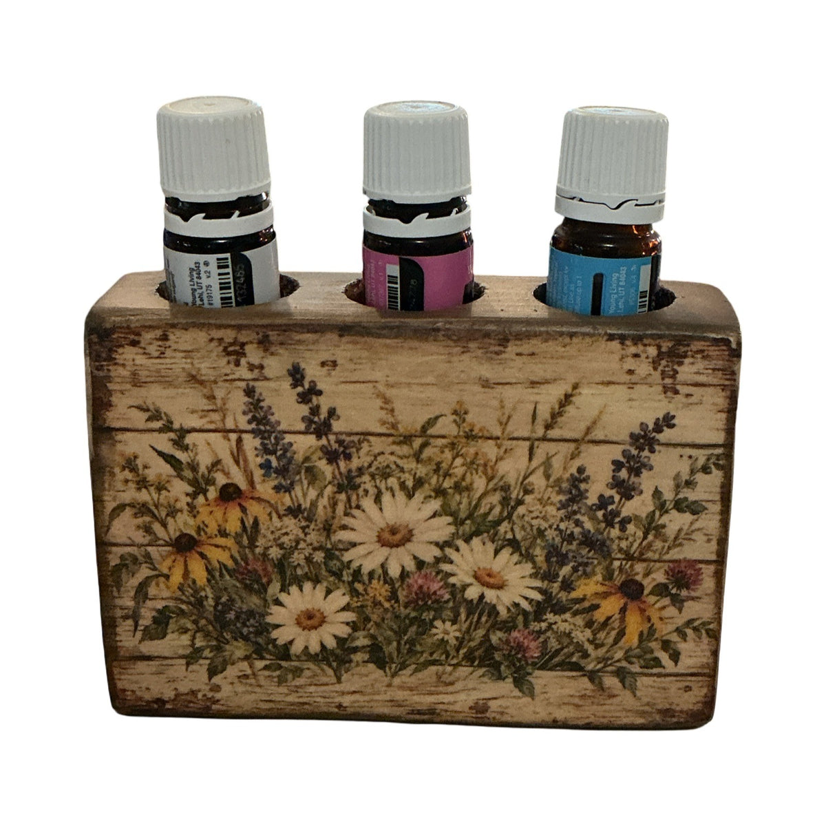 Handmade Wooden Essential Oil Holder With Floral Design Fits 5ml & 10ml Bottles Rustic Natural Finish 3 Slots 3.5"x5"x1.5".