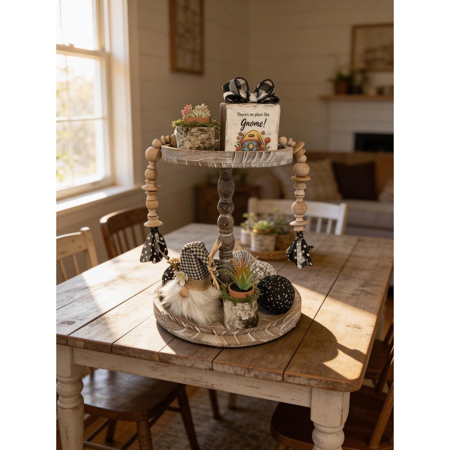 Buffalo Plaid Gnome & Farmhouse Decor Set With Beaded Garland & Fabric Balls