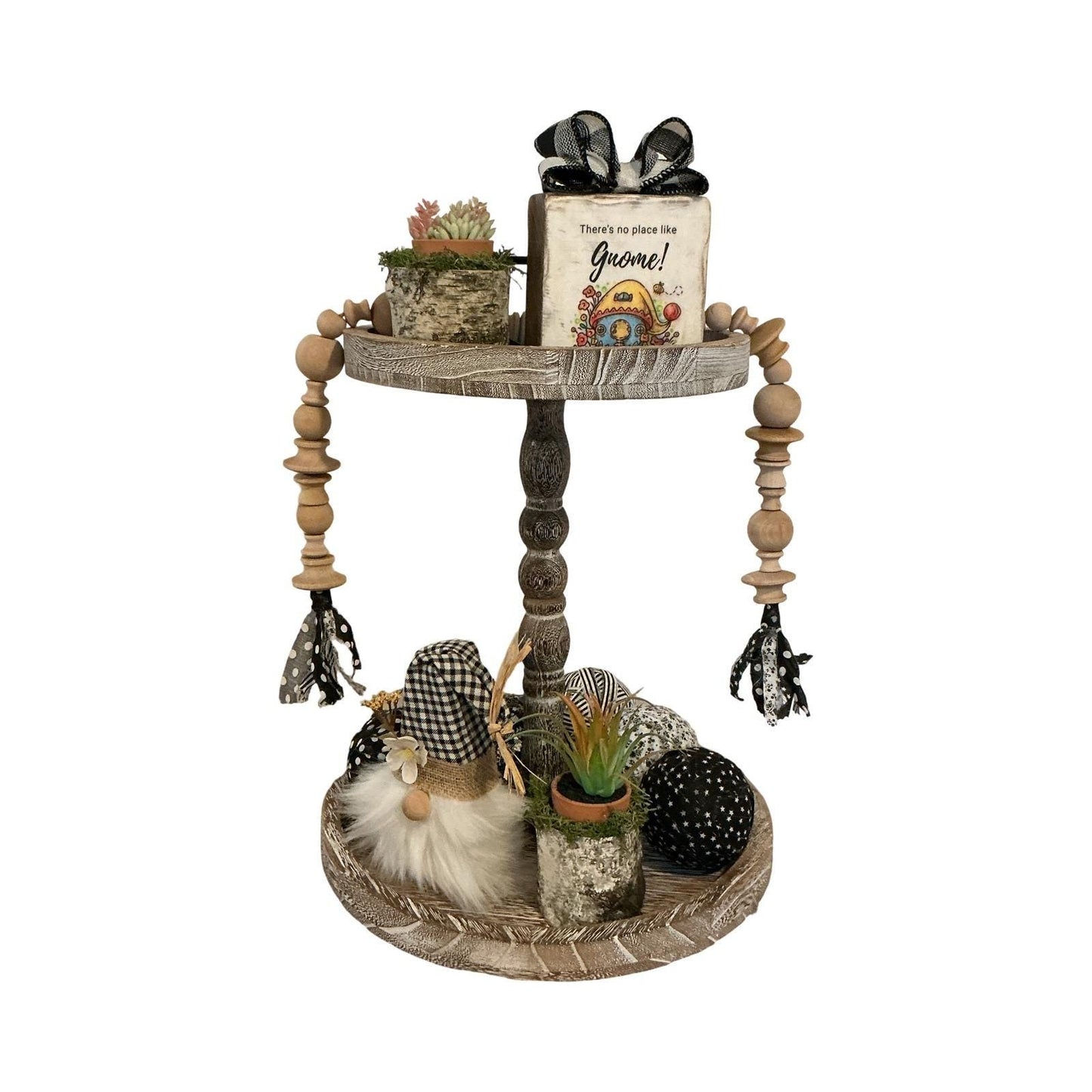 Buffalo Plaid Gnome & Farmhouse Decor Set With Beaded Garland & Fabric Balls