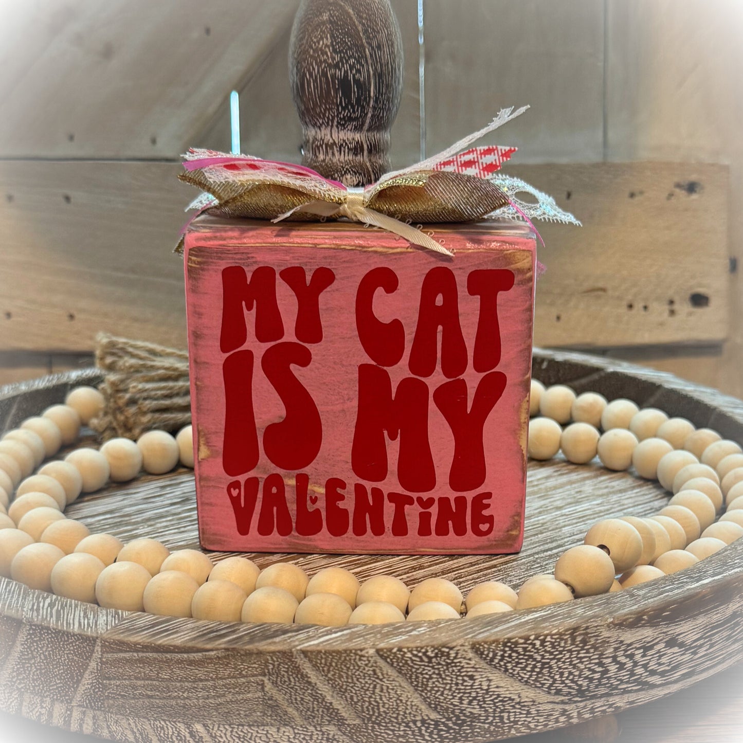 Funny Valentine's Day Tiered Tray Sign – "My Cat Is My Valentine" – Handcrafted Wooden Shelf Sitter