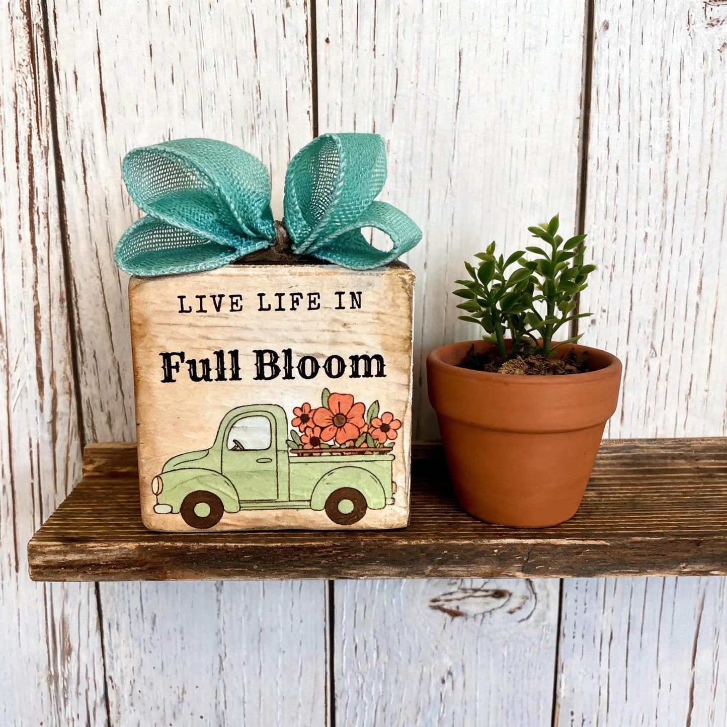 Handmade Live Life In Full Bloom Wood Block Sign Vintage Green Truck 4x4x1.5