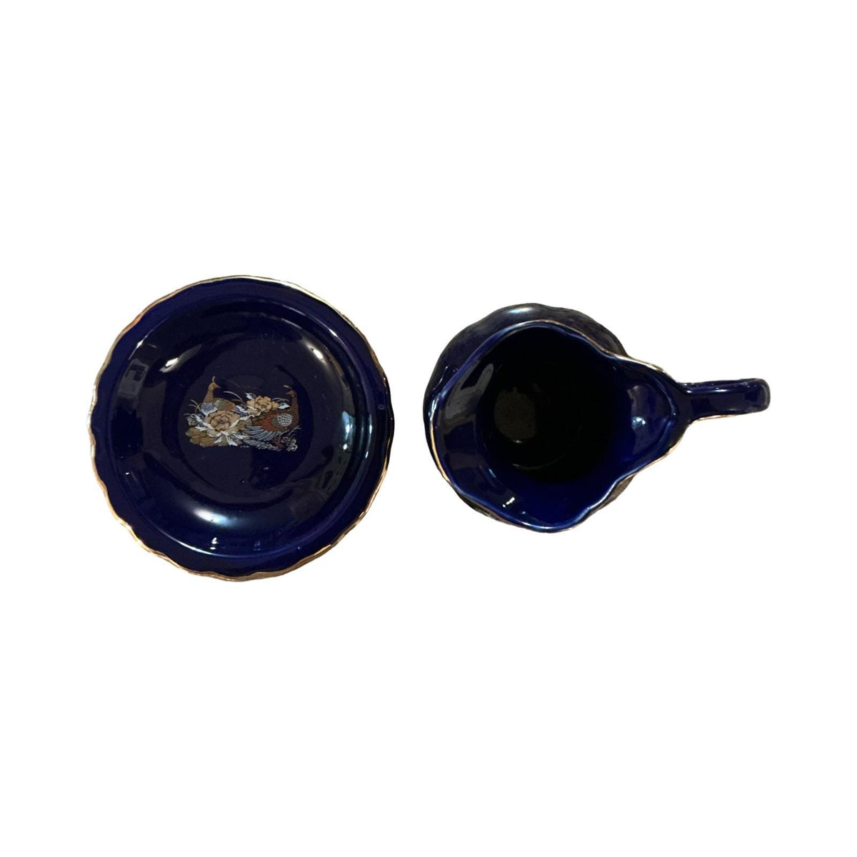 Vintage Cobalt Blue Peacock Pitcher and Saucer Set Gold Trim Chinoiserie Floral