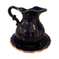 Vintage Cobalt Blue Peacock Pitcher and Saucer Set Gold Trim Chinoiserie Floral
