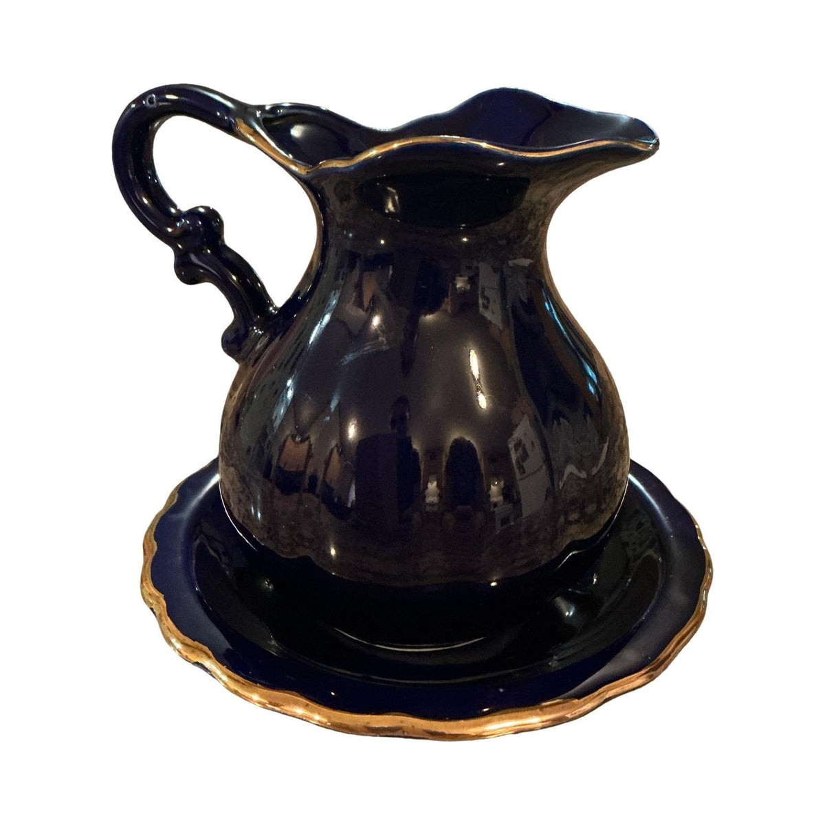 Vintage Cobalt Blue Peacock Pitcher and Saucer Set Gold Trim Chinoiserie Floral