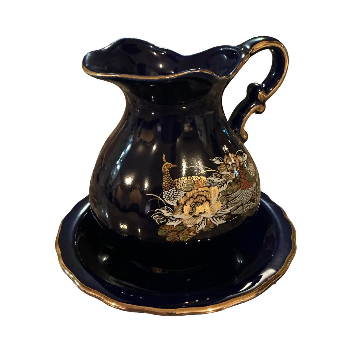 Vintage Cobalt Blue Peacock Pitcher and Saucer Set Gold Trim Chinoiserie Floral