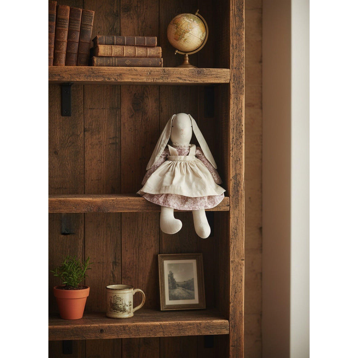 Handmade Fabric Bunny Doll With Floral Dress & Apron 21 Inches Long