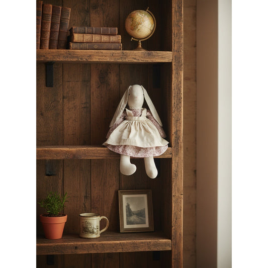 Handmade Fabric Bunny Doll With Floral Dress & Apron 21 Inches Long