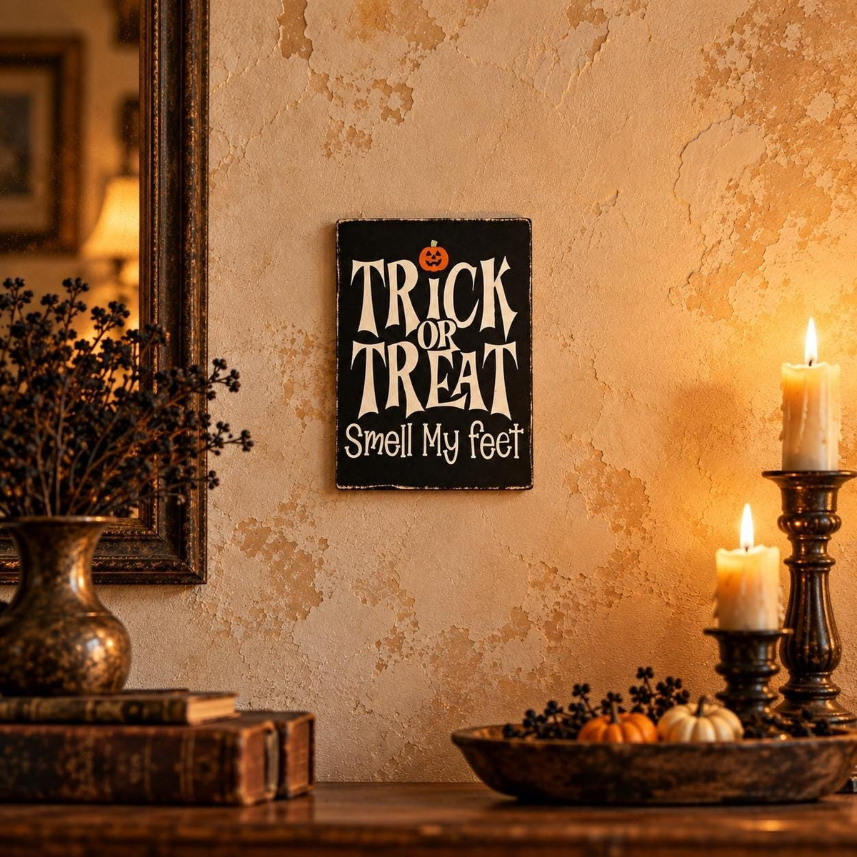 Trick or Treat Smell My Feet Halloween Wooden Sign Distressed Rustic Wall Decor