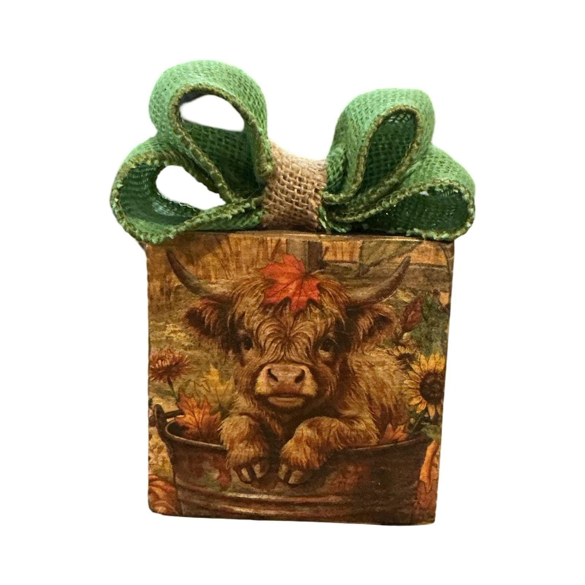 Rustic Highland Cow Wood Block Decor with Green Burlap Bow Farmhouse Autumn