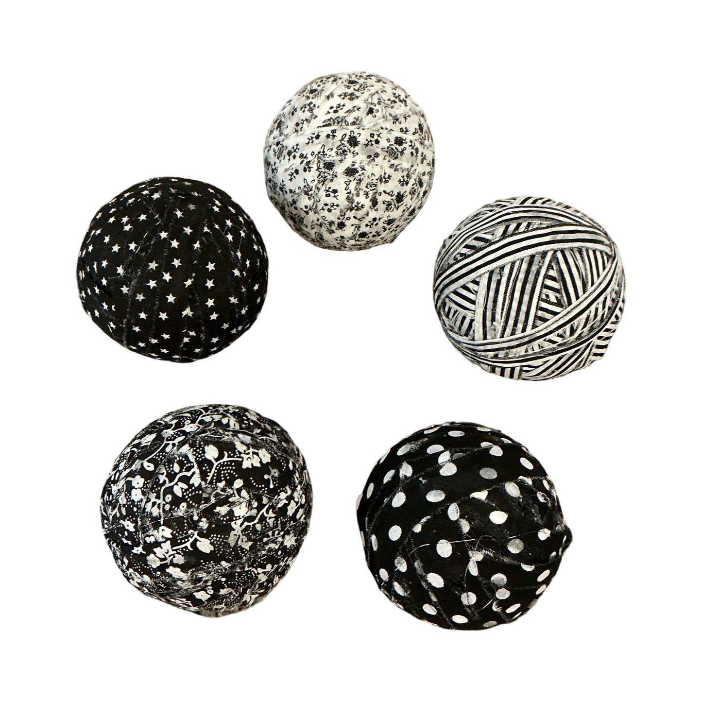 Decorative Fabric Rag Balls Set of 5 Black White Patterned Bowl Fillers Rustic