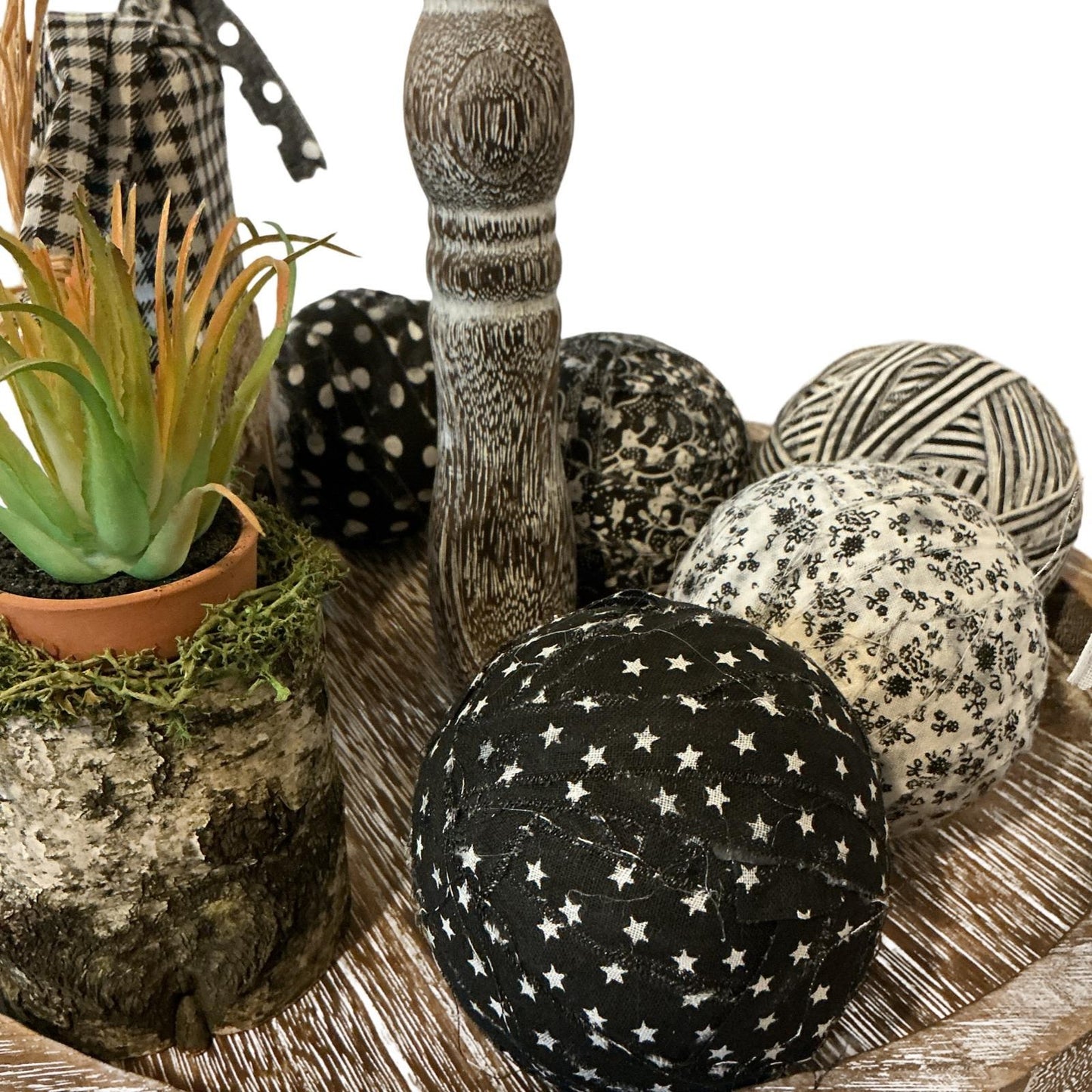 Decorative Fabric Rag Balls Set of 5 Black White Patterned Bowl Fillers Rustic