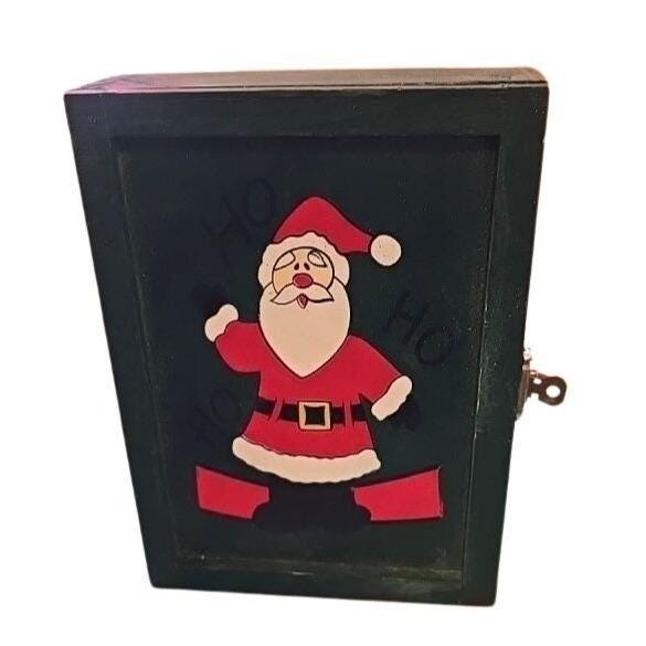 Vintage Wooden Christmas Santa Claus Box With Hinged Lid & Lock Closure