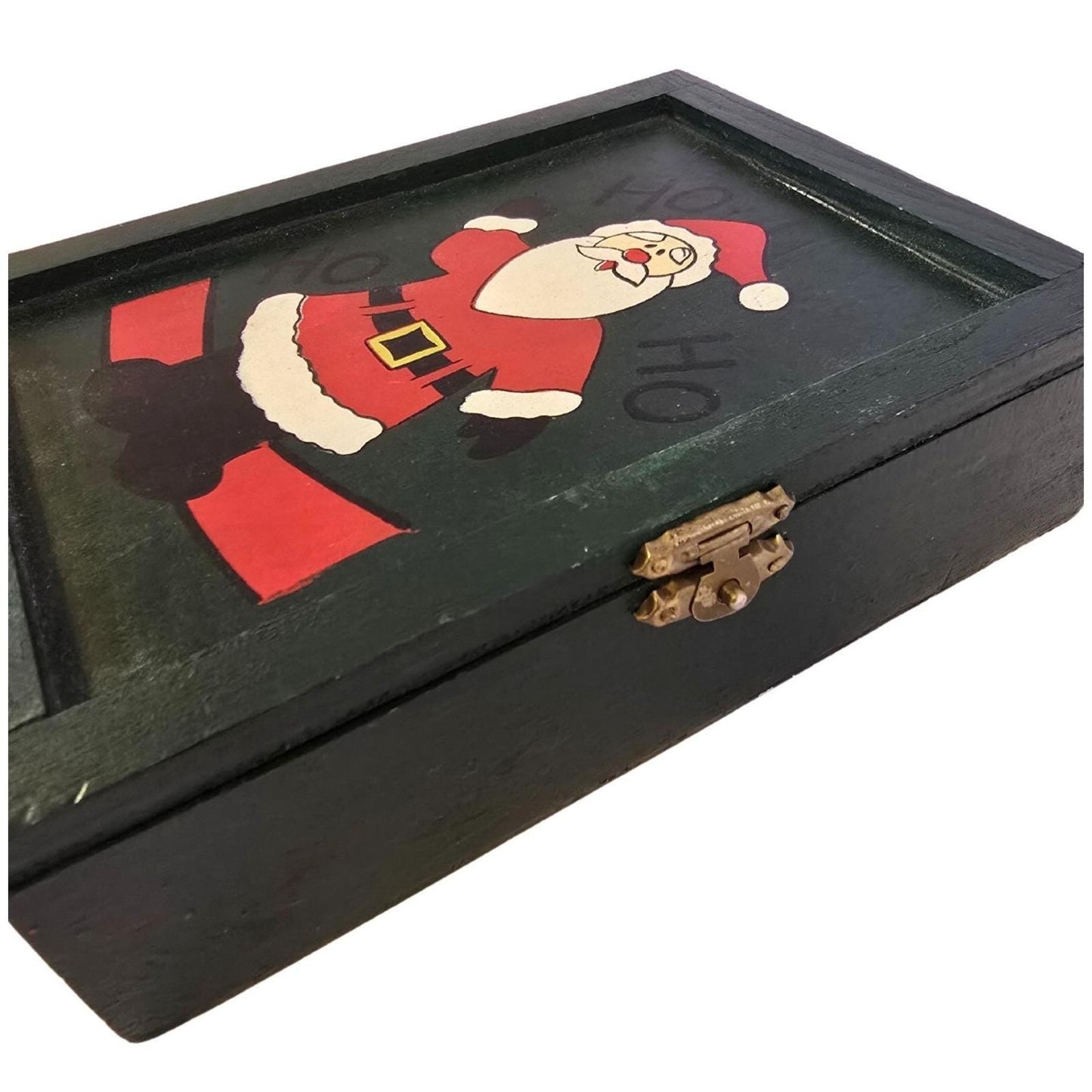 Vintage Wooden Christmas Santa Claus Box With Hinged Lid & Lock Closure
