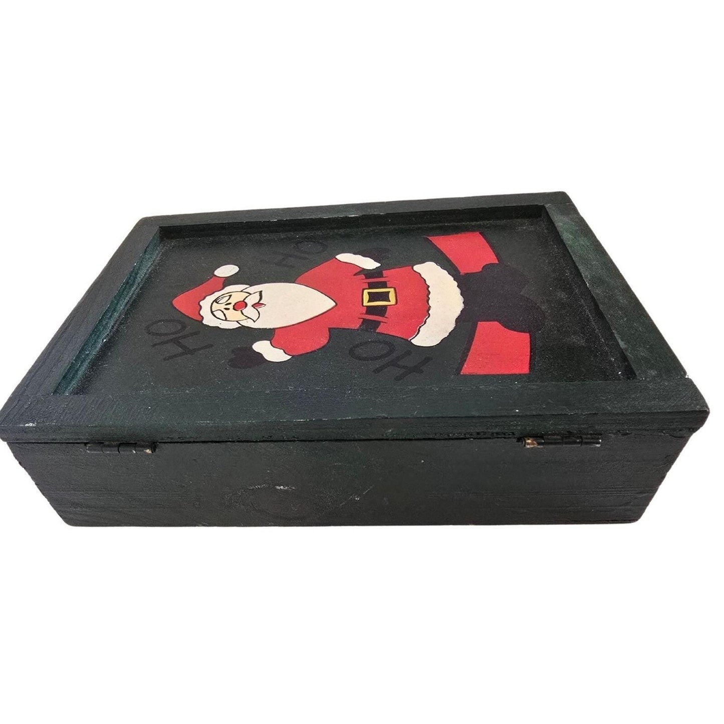 Vintage Wooden Christmas Santa Claus Box With Hinged Lid & Lock Closure