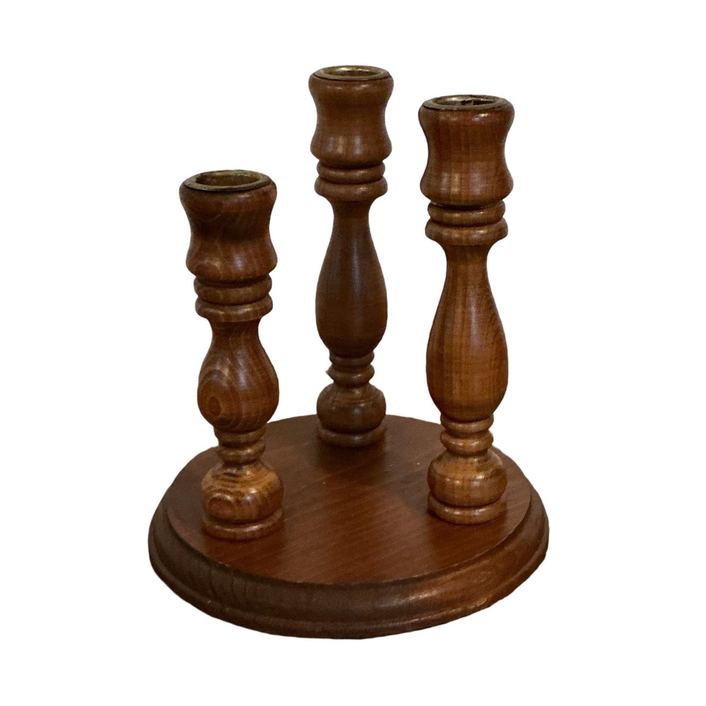 Vintage Wood Triple Taper Candle Holder Tiered Candelabra Brown Brass Accents