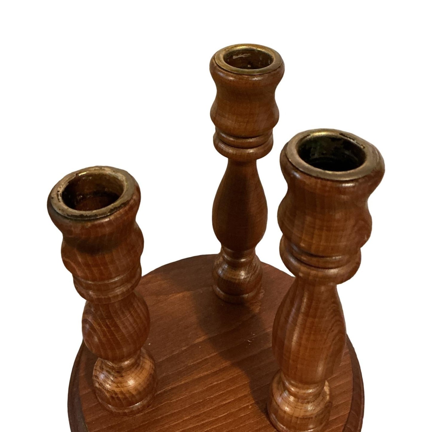 Vintage Wood Triple Taper Candle Holder Tiered Candelabra Brown Brass Accents