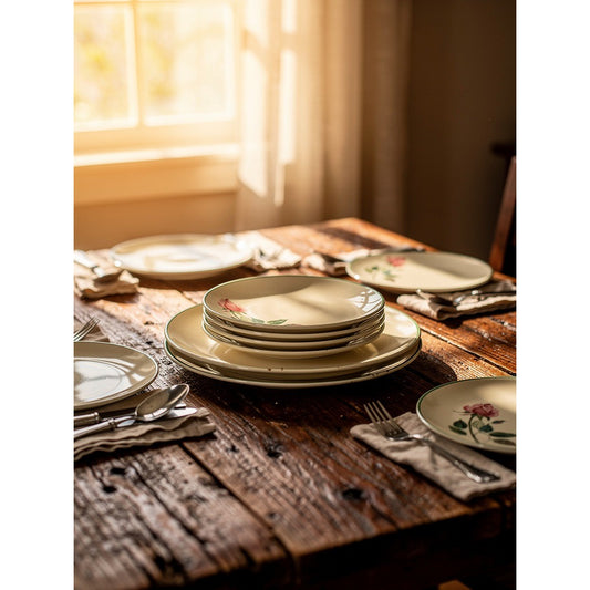 Vintage Rose Dinnerware Set By Cunningham & Pickett - 12 Pieces Ceramic Green Rim With Pink Rose Design