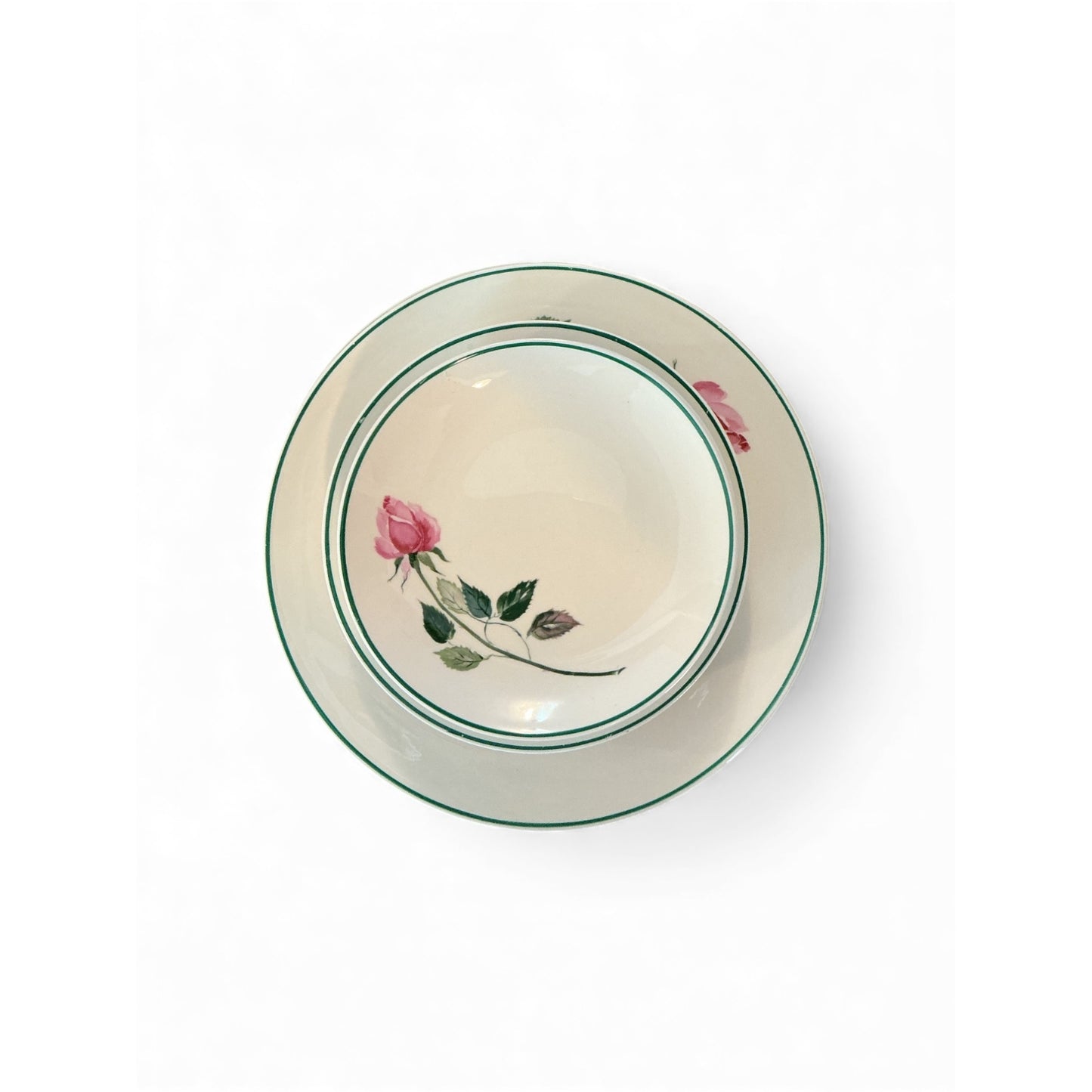 Vintage Rose Dinnerware Set By Cunningham & Pickett - 12 Pieces Ceramic Green Rim With Pink Rose Design