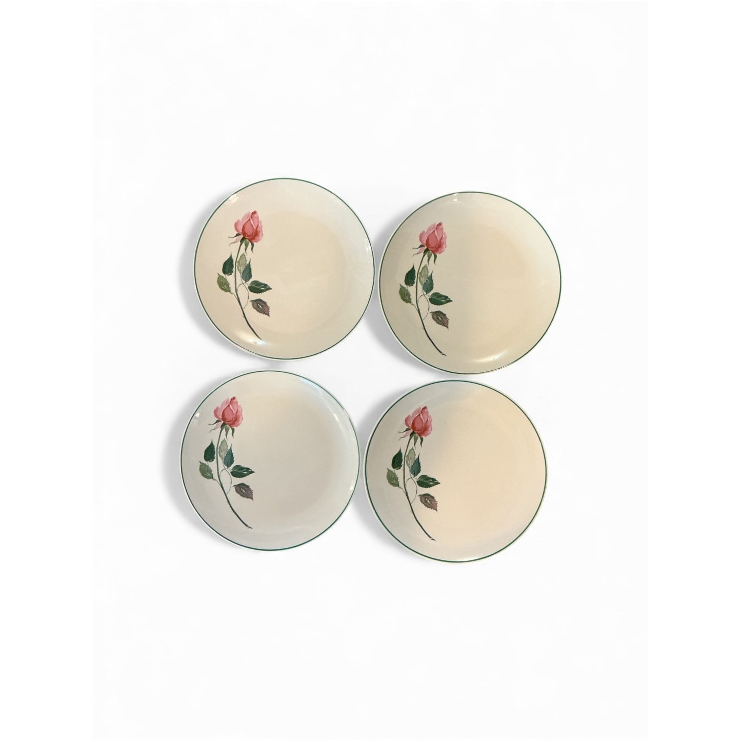 Vintage Rose Dinnerware Set By Cunningham & Pickett - 12 Pieces Ceramic Green Rim With Pink Rose Design