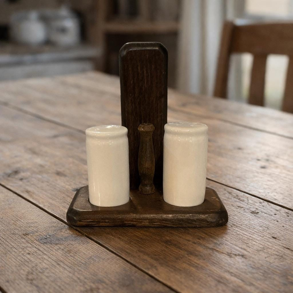 Vintage Wood Caddy with Ceramic Salt and Pepper Shakers Farmhouse Rustic Set