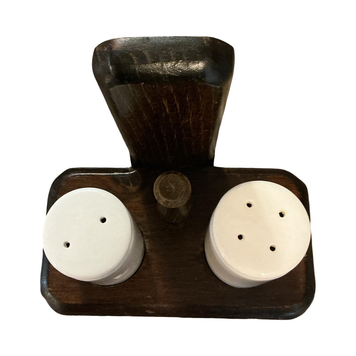Vintage Wood Caddy with Ceramic Salt and Pepper Shakers Farmhouse Rustic Set