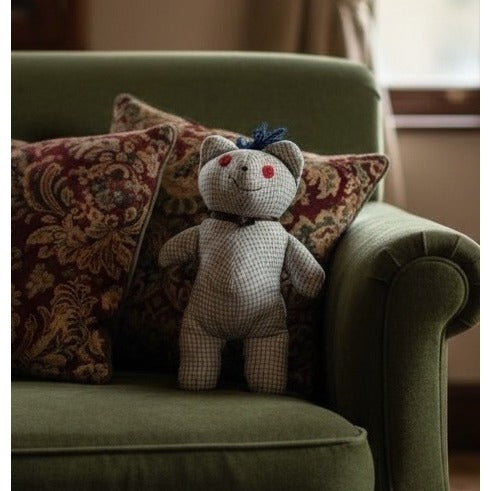 Vintage Handmade Plaid Fabric Teddy Bear 16" With Navy Bow & Red Features