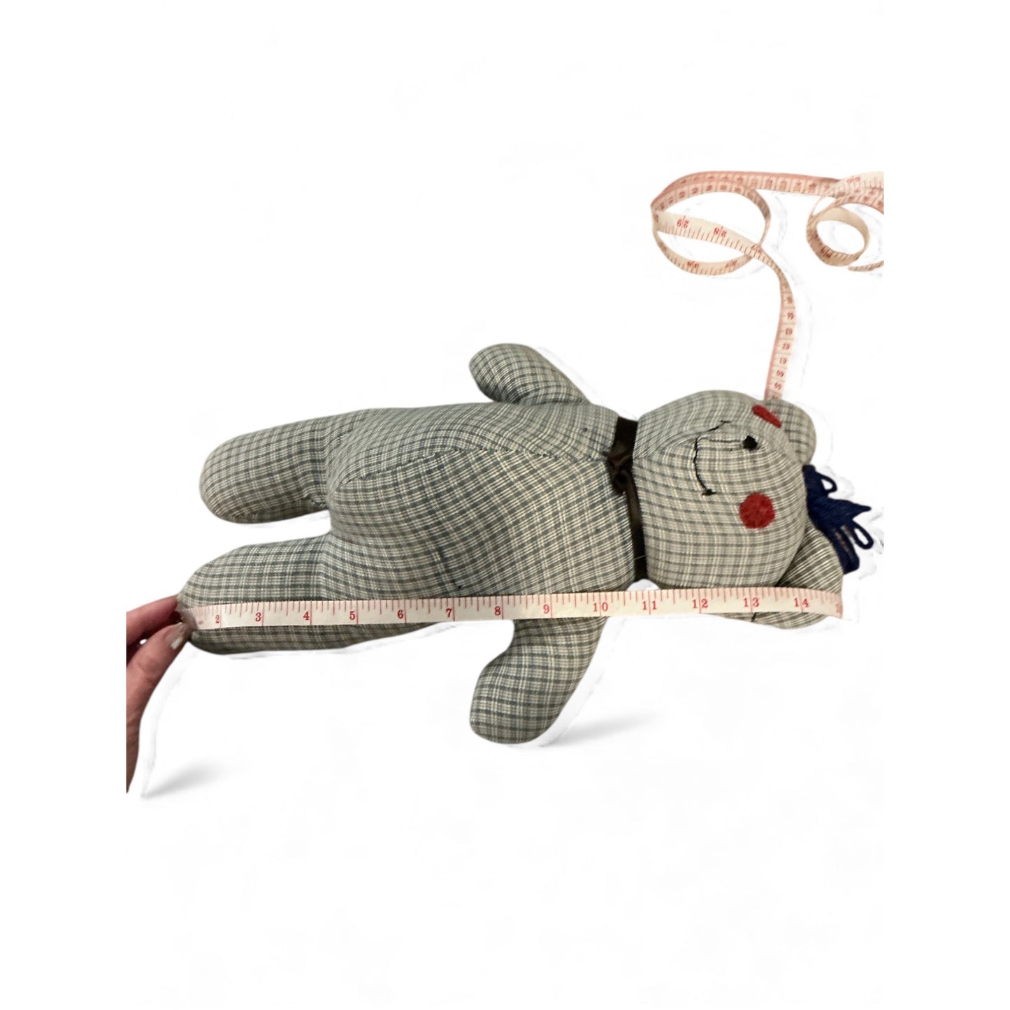 Vintage Handmade Plaid Fabric Teddy Bear 16" With Navy Bow & Red Features