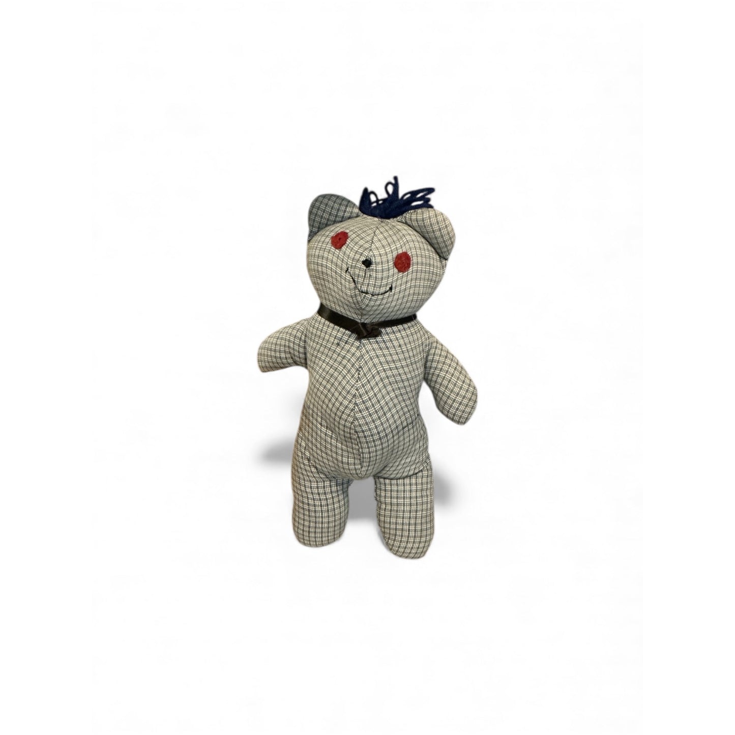 Vintage Handmade Plaid Fabric Teddy Bear 16" With Navy Bow & Red Features