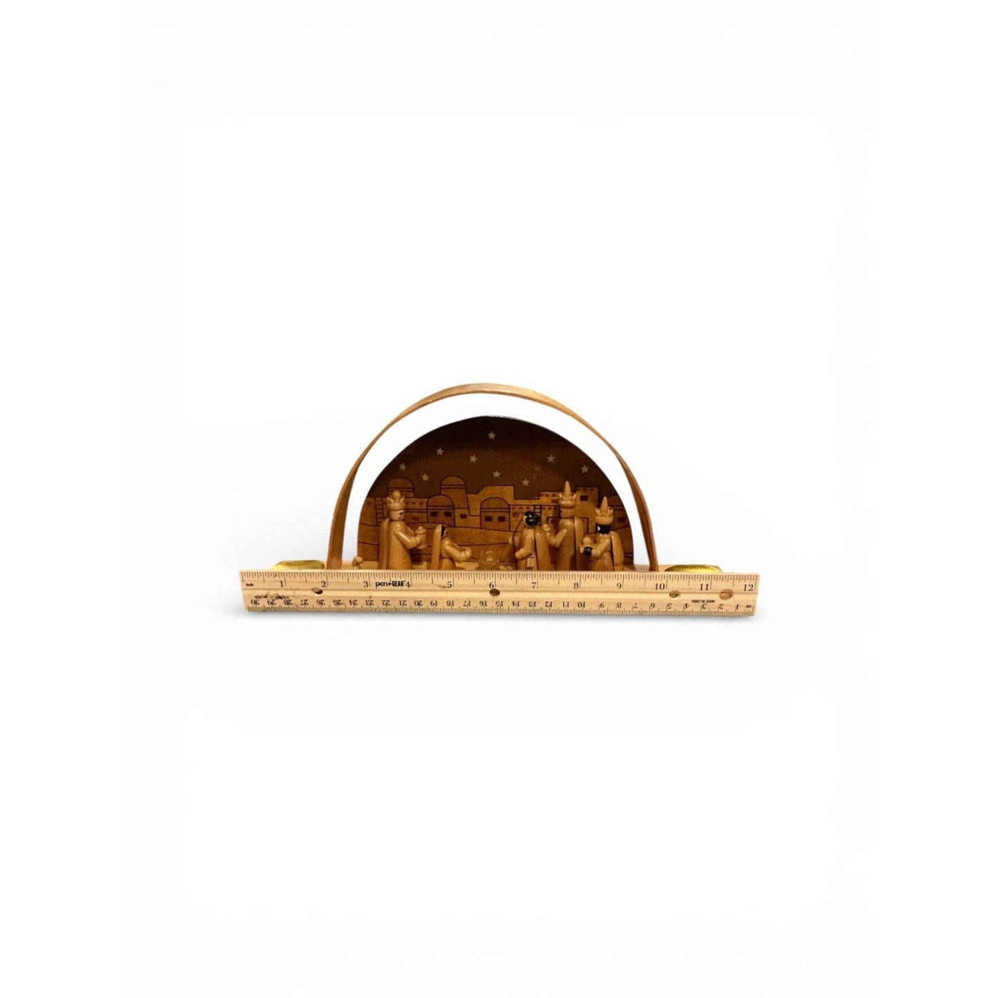 Handcrafted Wooden Nativity Scene: Arch Design & Gold Accents
