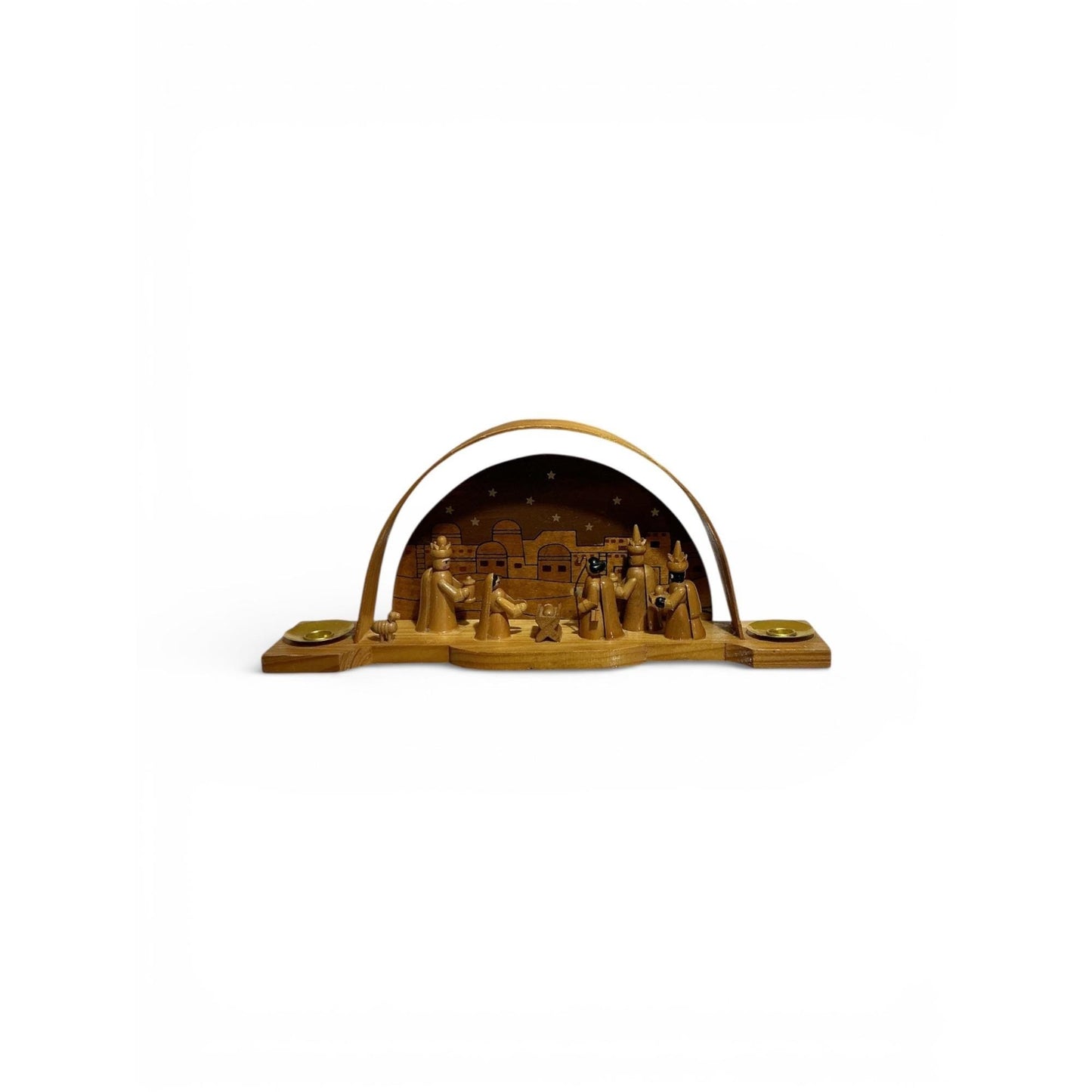 Handcrafted Wooden Nativity Scene: Arch Design & Gold Accents