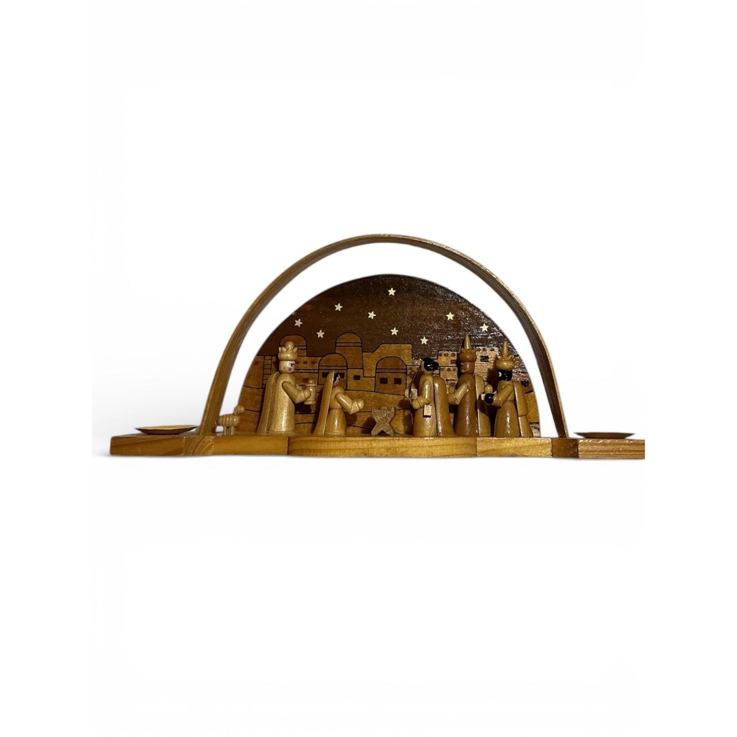Handcrafted Wooden Nativity Scene: Arch Design & Gold Accents