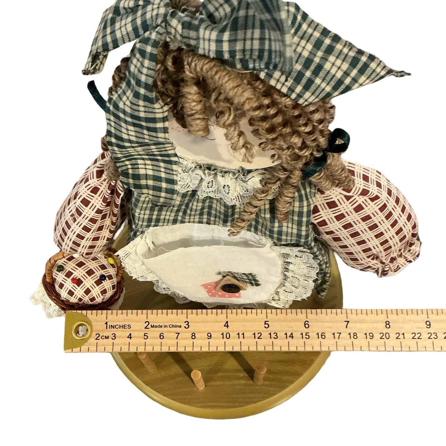Vintage Wooden Thread Spool Holder Sewing Organizer Plaid Fabric Doll 15in