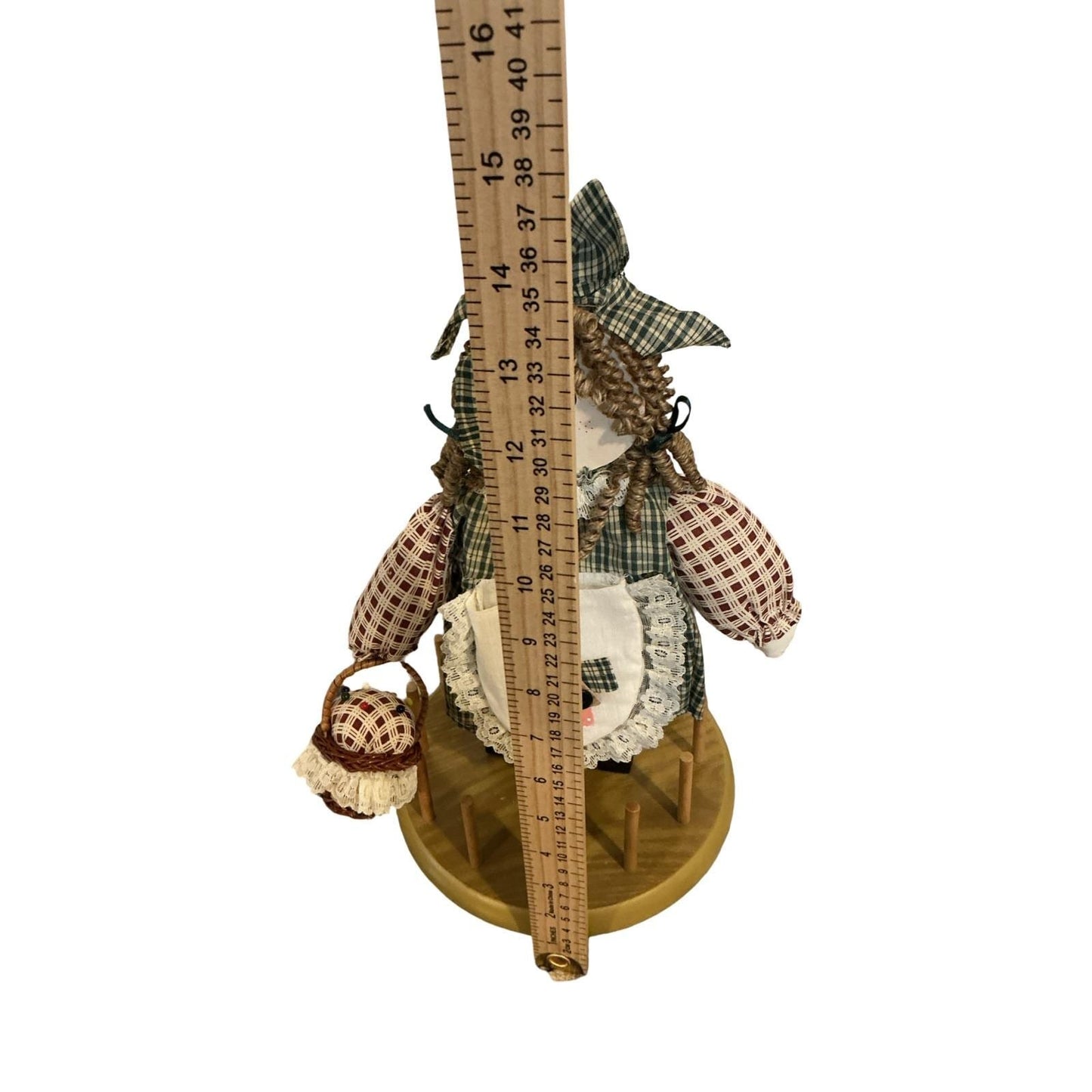 Vintage Wooden Thread Spool Holder Sewing Organizer Plaid Fabric Doll 15in