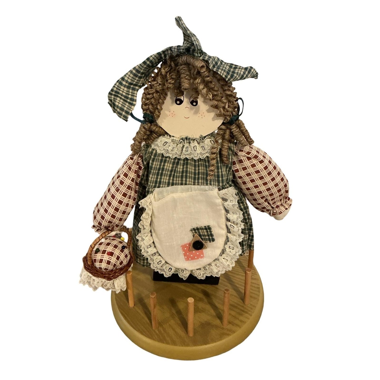 Vintage Wooden Thread Spool Holder Sewing Organizer Plaid Fabric Doll 15in