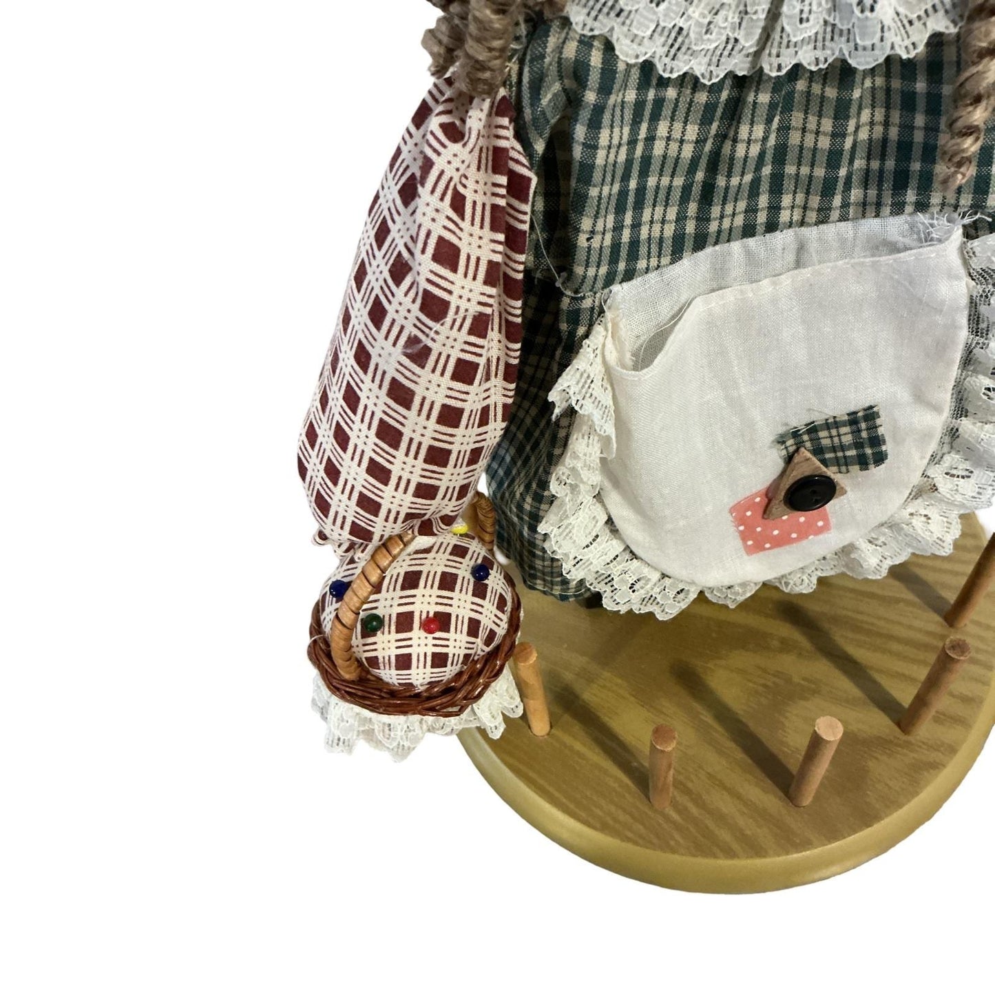 Vintage Wooden Thread Spool Holder Sewing Organizer Plaid Fabric Doll 15in